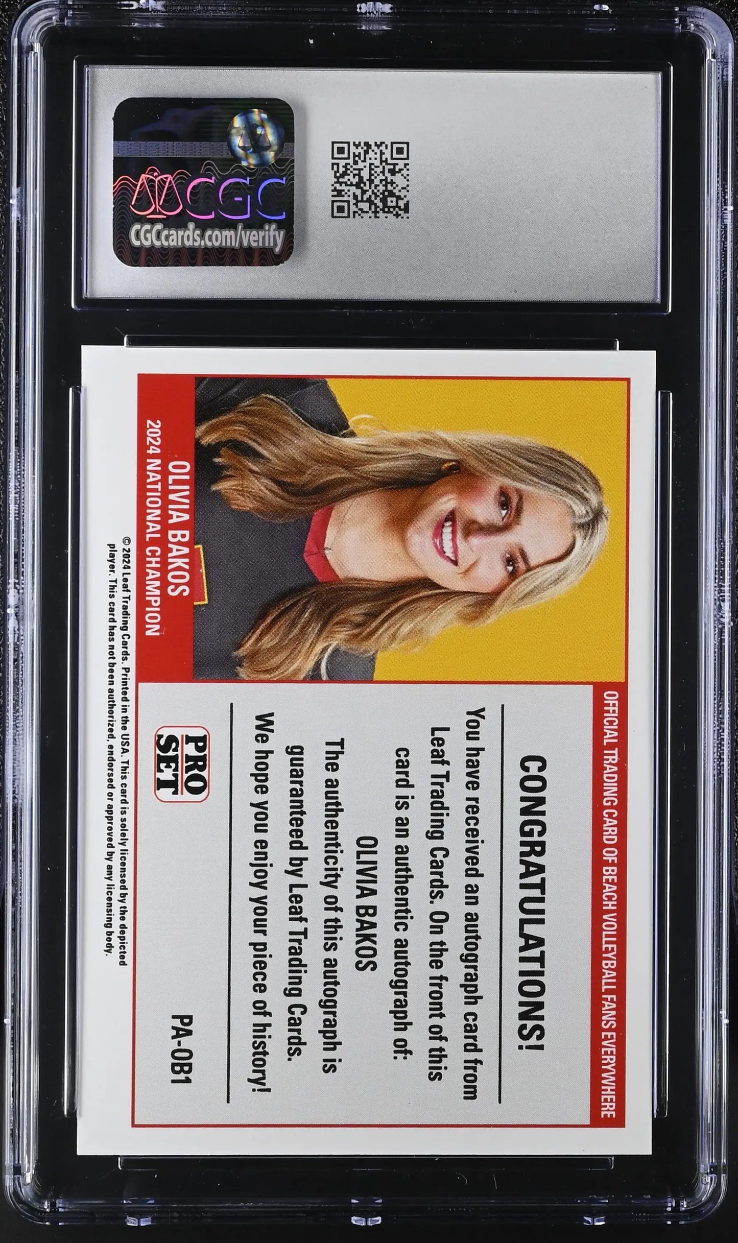 Graded Olivia Bakos autograph trading card from 2024 Leaf Pro Set USC Volleyball collection