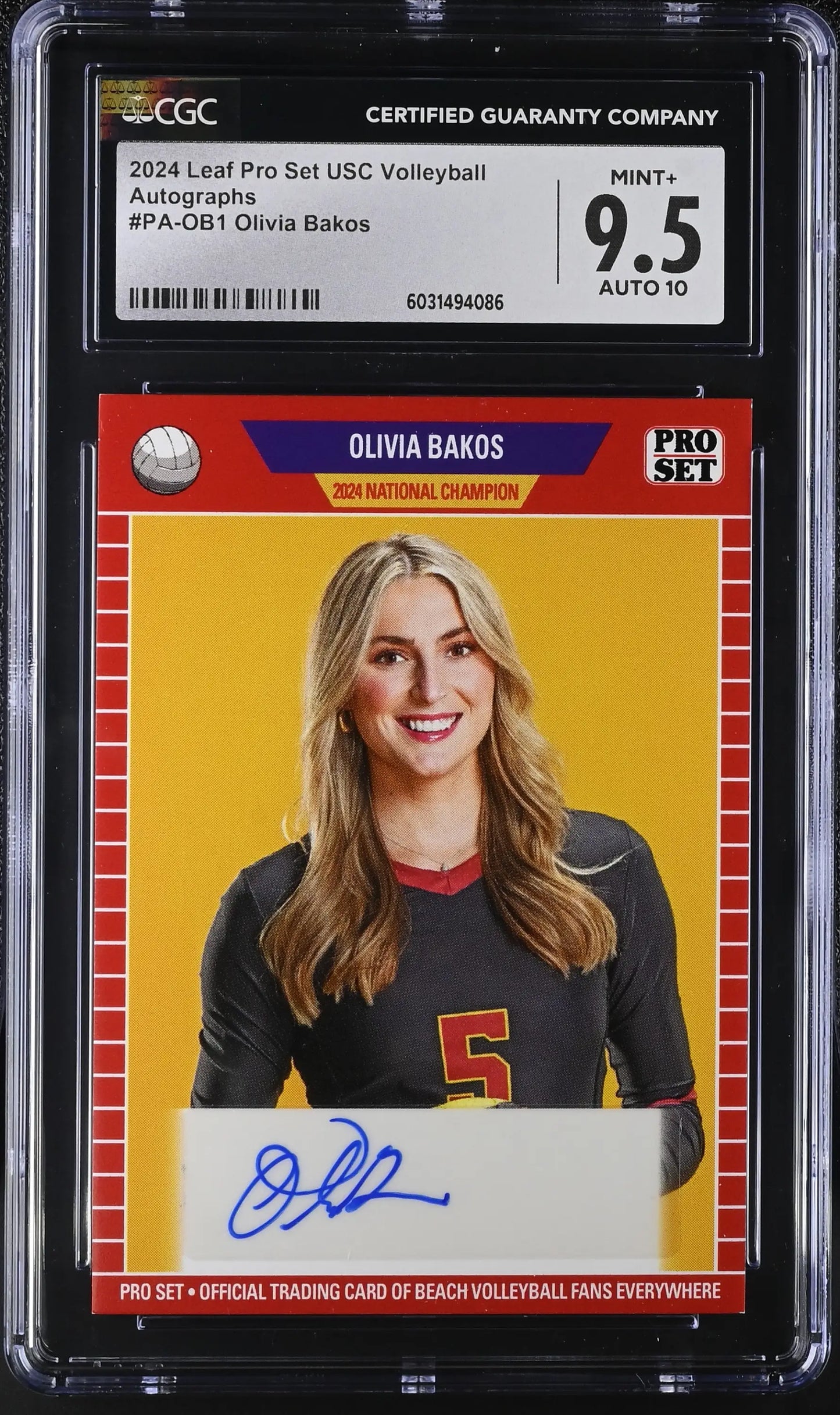 Graded Olivia Bakos autographed volleyball card from 2024 Leaf Pro Set USC Volleyball set