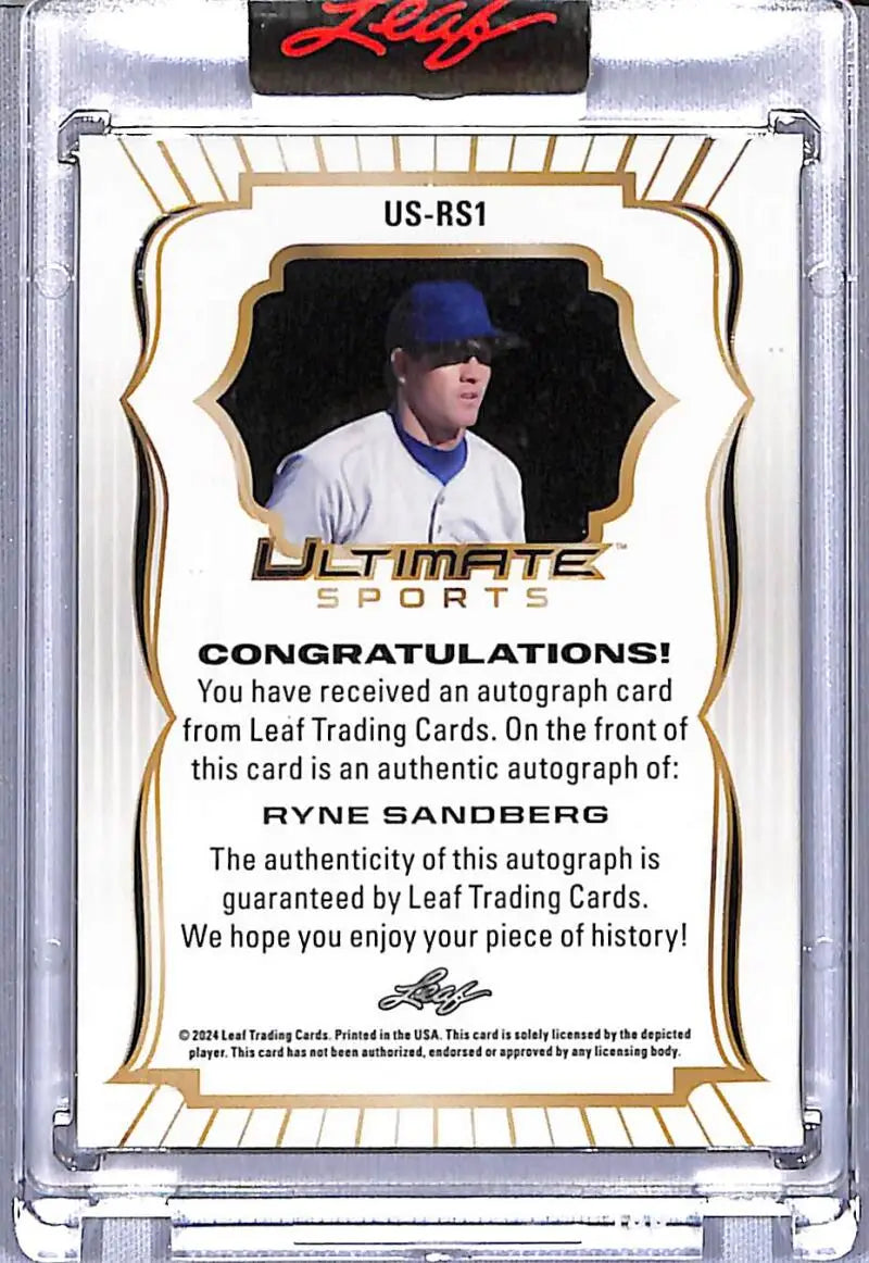 Baseball card with Ryne Sandberg autograph from 2024 Leaf Ultimate Chicago Cubs collection