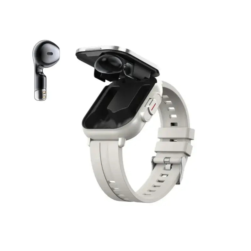 White 2024 Smartwatch D8E with built-in compartment for black wireless earbuds, width 750px height