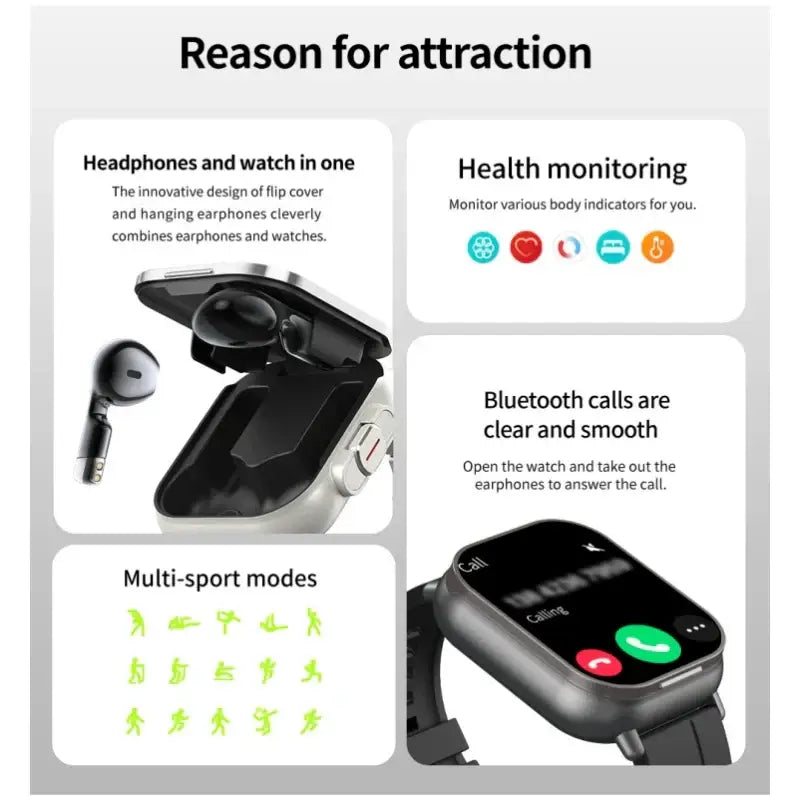 2024 new design Open-cover Smartwatch D8E with wireless earbuds, health, multi-sport, Bluetooth call, decorate root width 750px height 750px