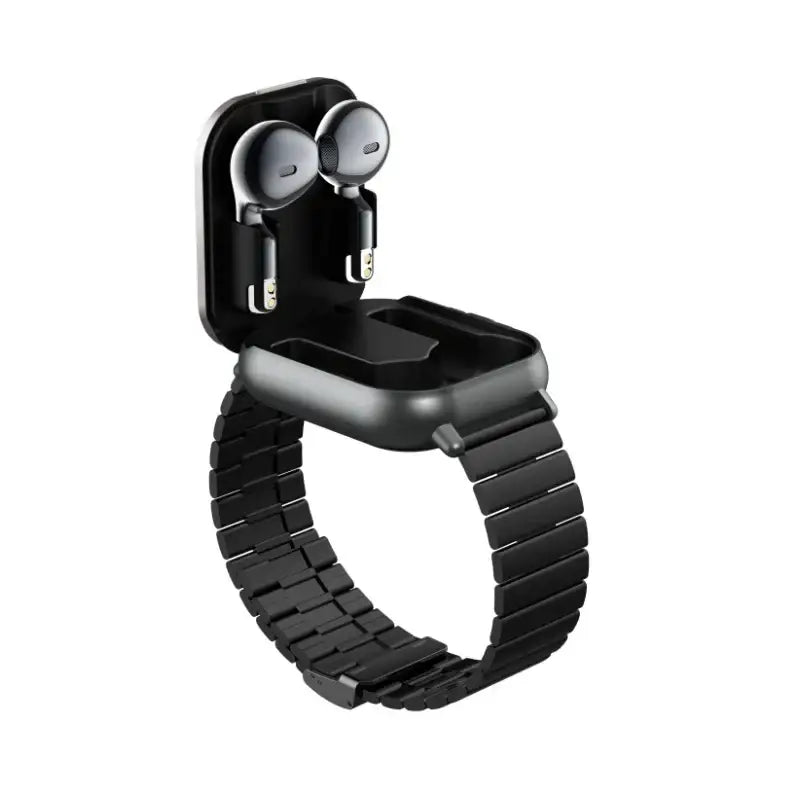 Black smartwatch with integrated charging case and TWS earbuds, 2024 new design