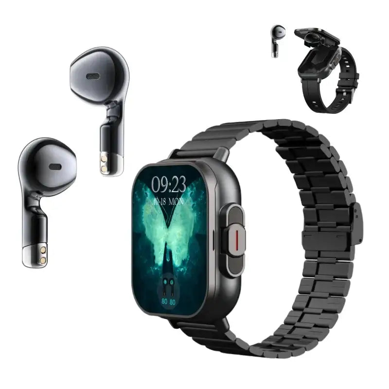 Dark grey 2024 open-cover smartwatch with black metal band and wireless earbuds on a width 750px height 750px image