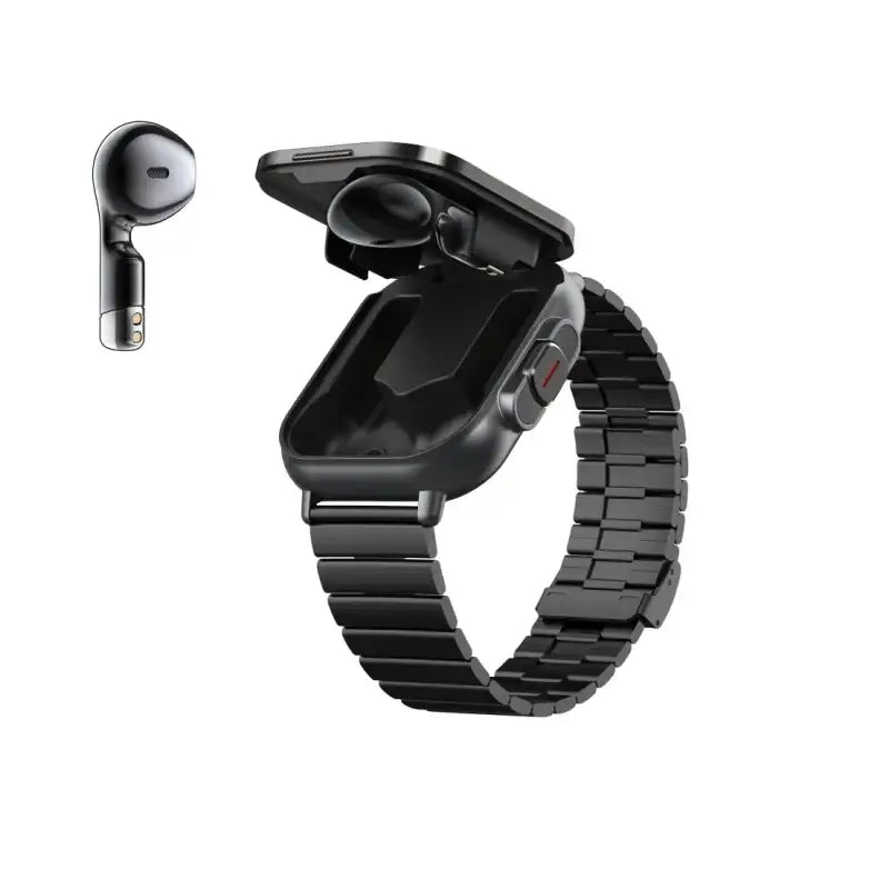 Black smartwatch with link bracelet and hinged compartment for wireless earbuds, 750px wide