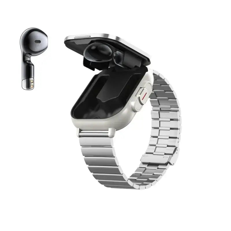 Smartwatch with built-in wireless earbuds compartment, silver band, black earbud, decorate root width 750px height 750px