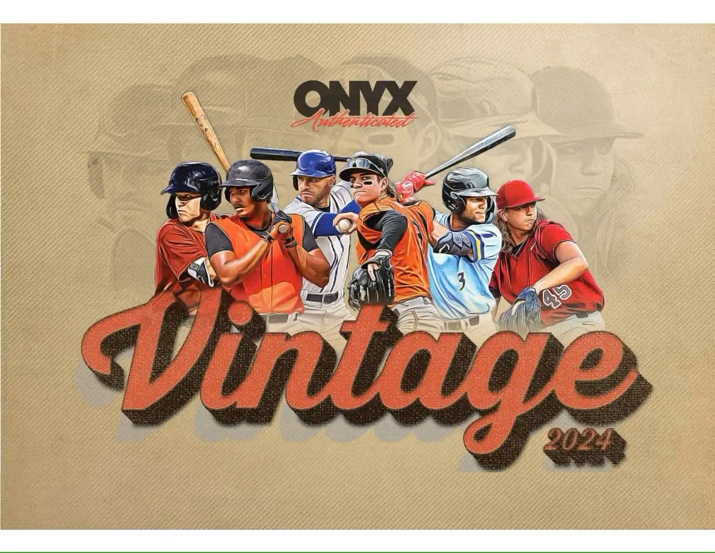 Baseball-themed graphic with players and Vintage text for 2024 Onyx Vintage Mega Series Baseball Hobby Box