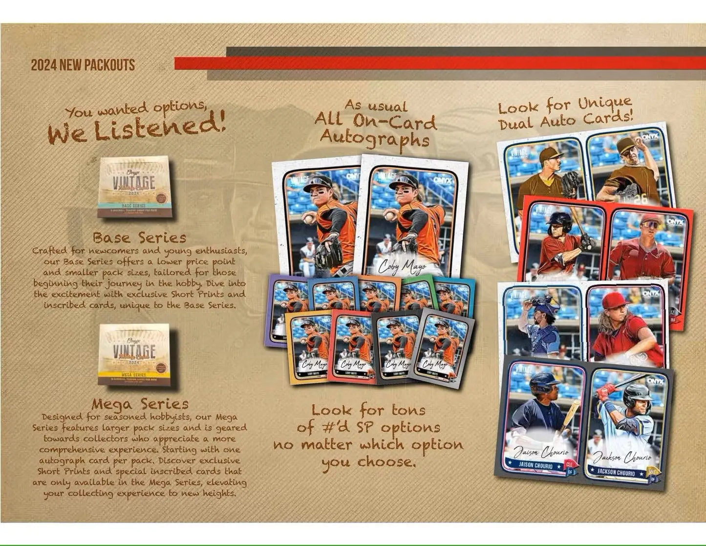 Advertisement for 2024 Onyx Vintage Mega Series Baseball Card Packouts in Hobby Box