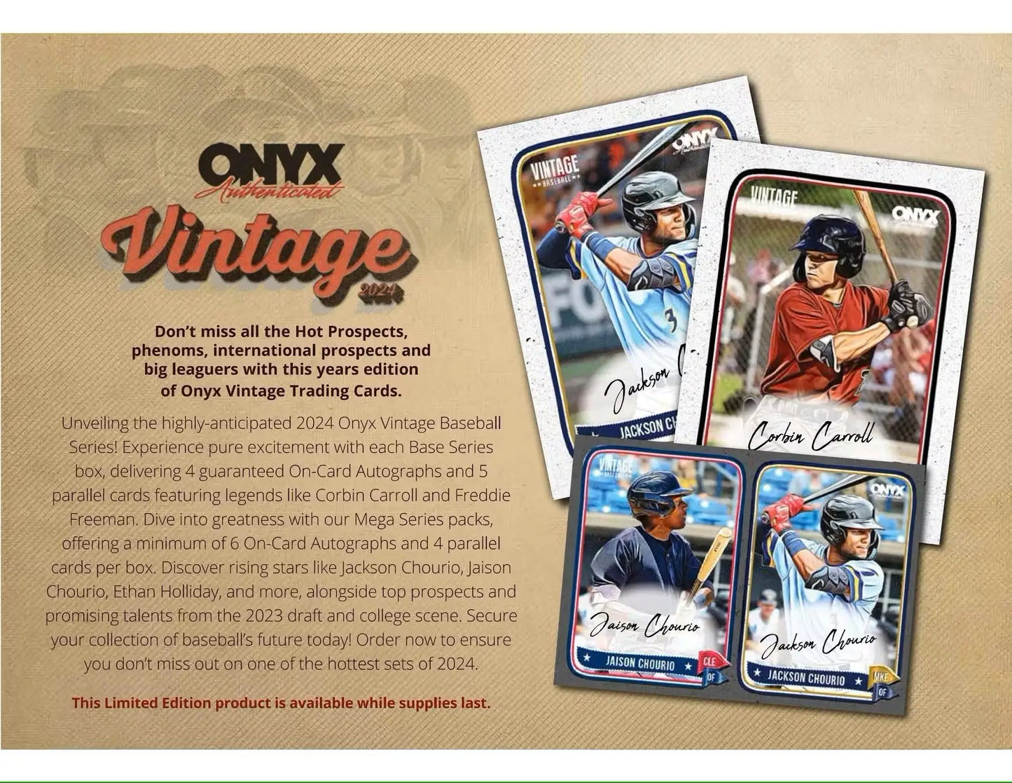 Promotional flyer for Onyx Vintage Mega Series Baseball Trading Cards in 2024 Onyx Vintage Mega Hobby Box