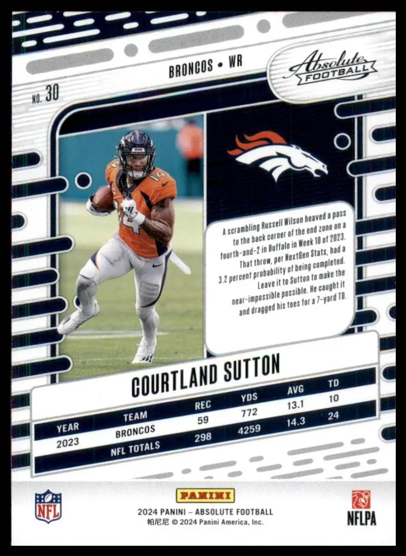 Football card featuring Courtland Sutton from 2024 Panini Absolute Green NFL collection