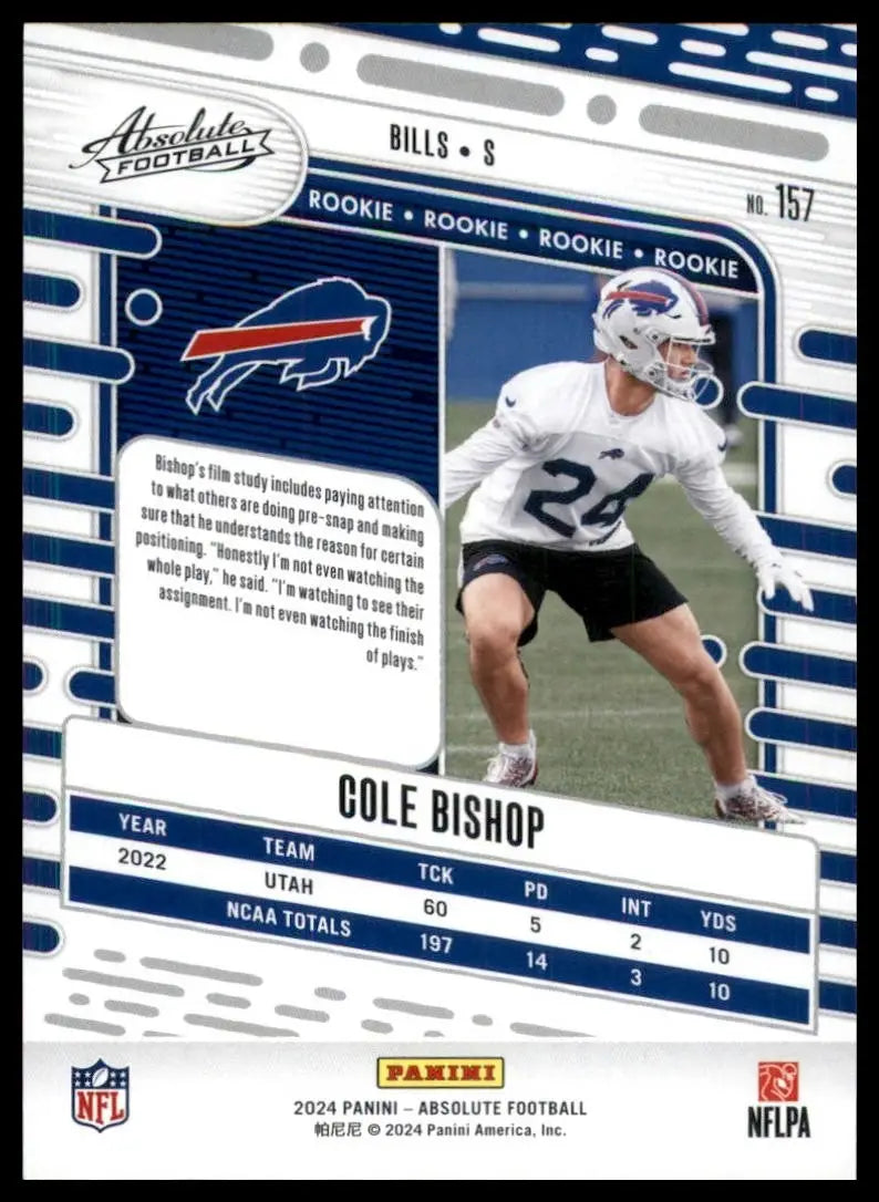 Back of 2024 Panini Absolute Green Rookie Cole Bishop football card with stats and bio