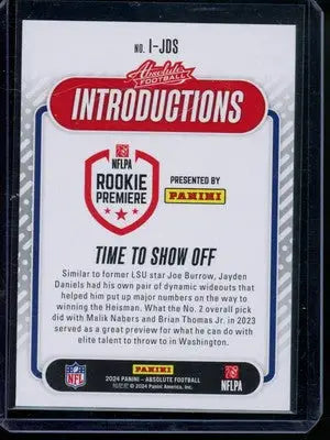 Football trading card back featuring player biography for 2024 Panini Absolute Jayden Daniels