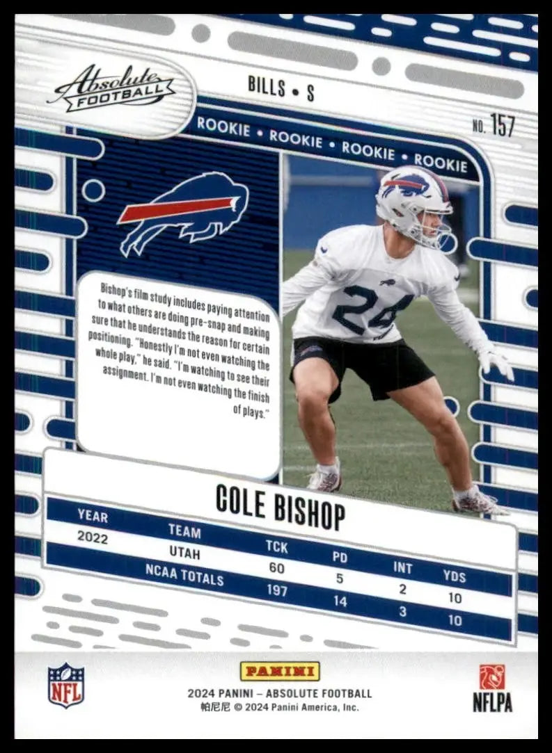 2024 Panini Absolute Rookie Cole Bishop football card featuring Buffalo Bills NFL stats