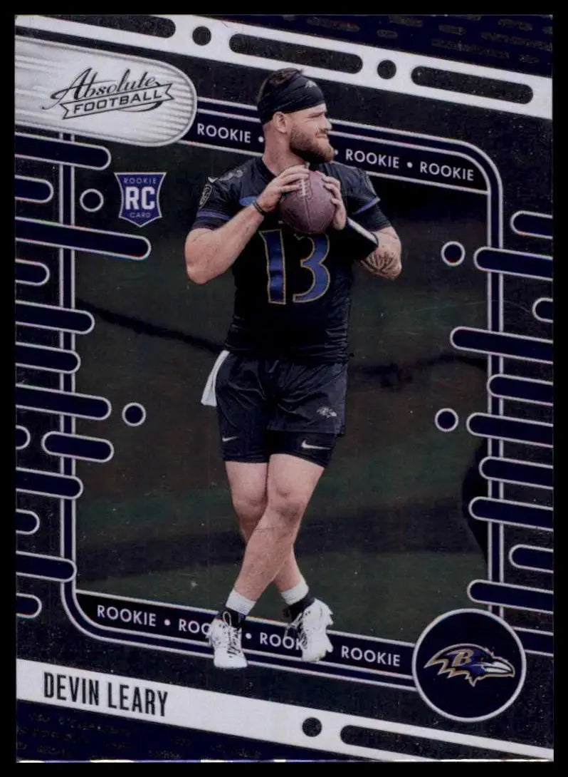 Football card featuring Devin Leary in Baltimore Ravens uniform from 2024 Panini Absolute Rookie series