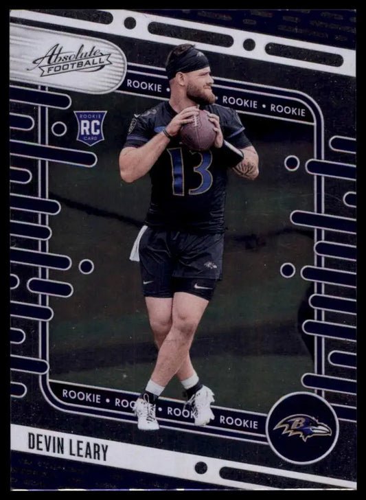 Football card featuring Devin Leary in Baltimore Ravens uniform from 2024 Panini Absolute Rookie series