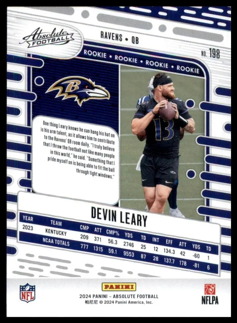 Football card featuring Devin Leary from the Baltimore Ravens with college stats