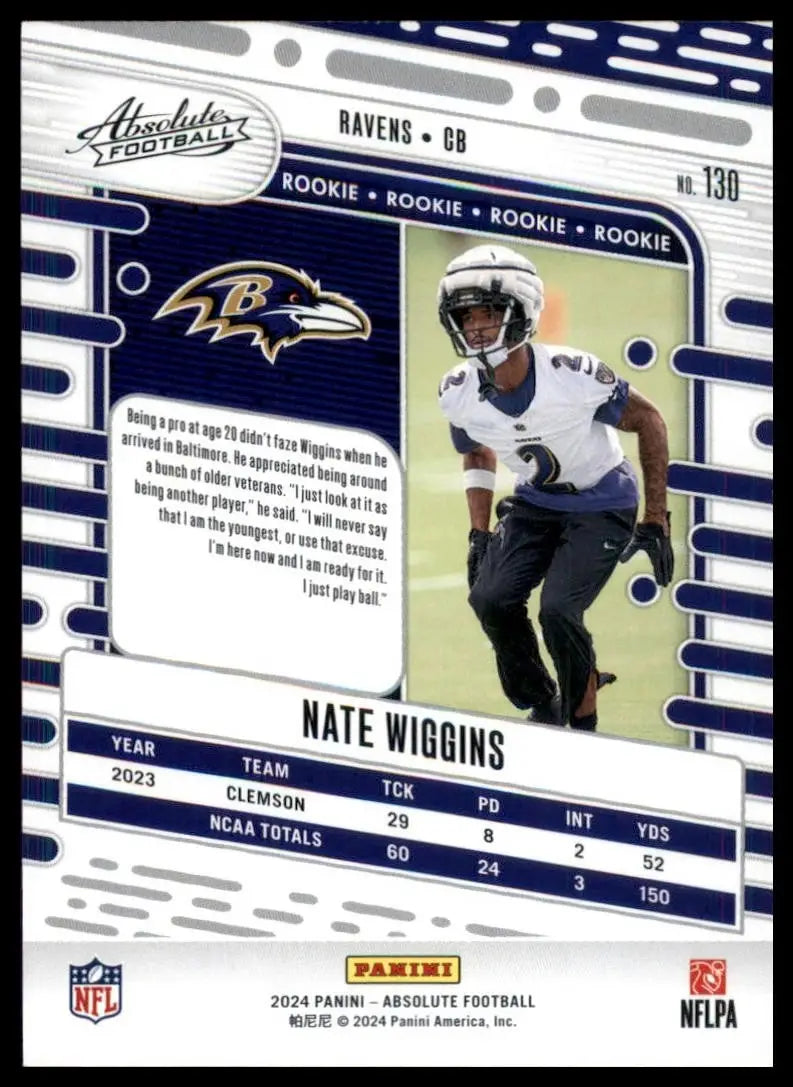 2024 Panini Absolute Football rookie card of Nate Wiggins Baltimore Ravens football card
