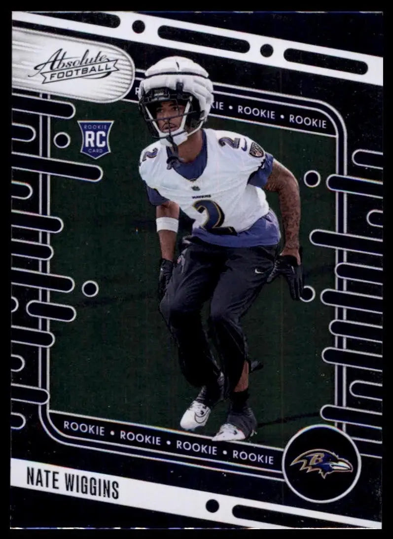 Football trading card featuring Nate Wiggins in Baltimore Ravens uniform from 2024 Panini Absolute