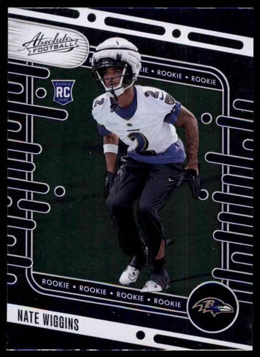 Football trading card featuring Nate Wiggins in Baltimore Ravens uniform from 2024 Panini Absolute