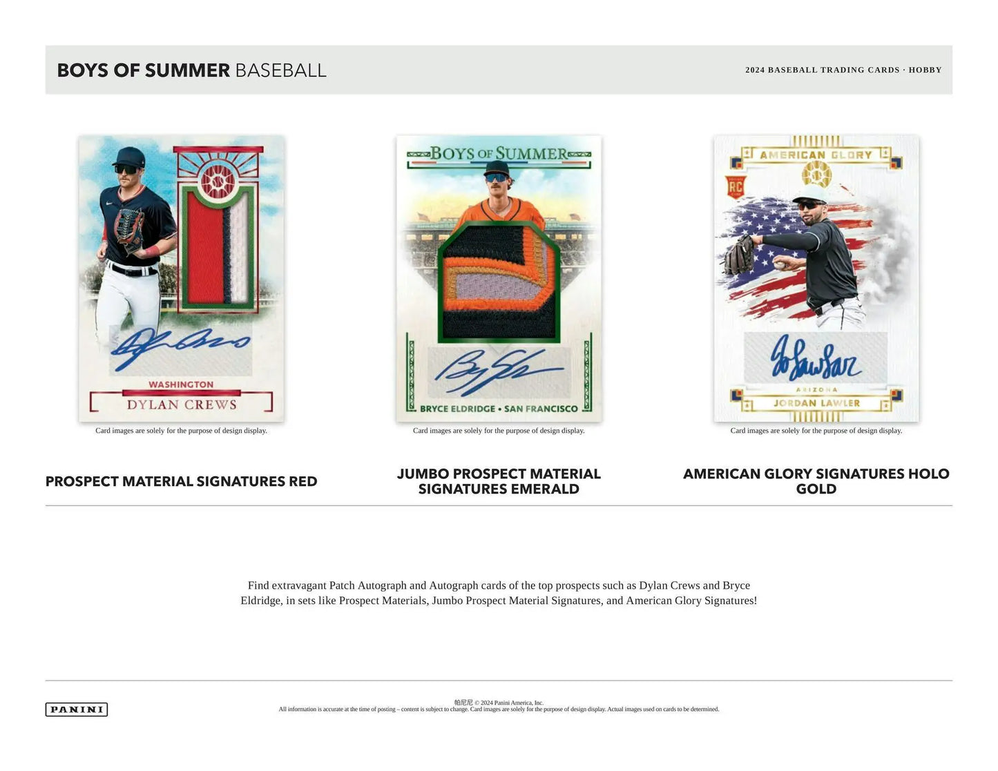 Baseball trading cards from 2024 Panini Boys of Summer Hobby Box featuring prospect material signatures