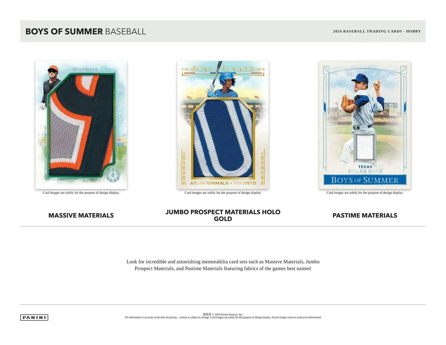 Baseball cards with jersey swatches from 2024 Panini Boys of Summer Hobby Box featuring American Glory Signatures
