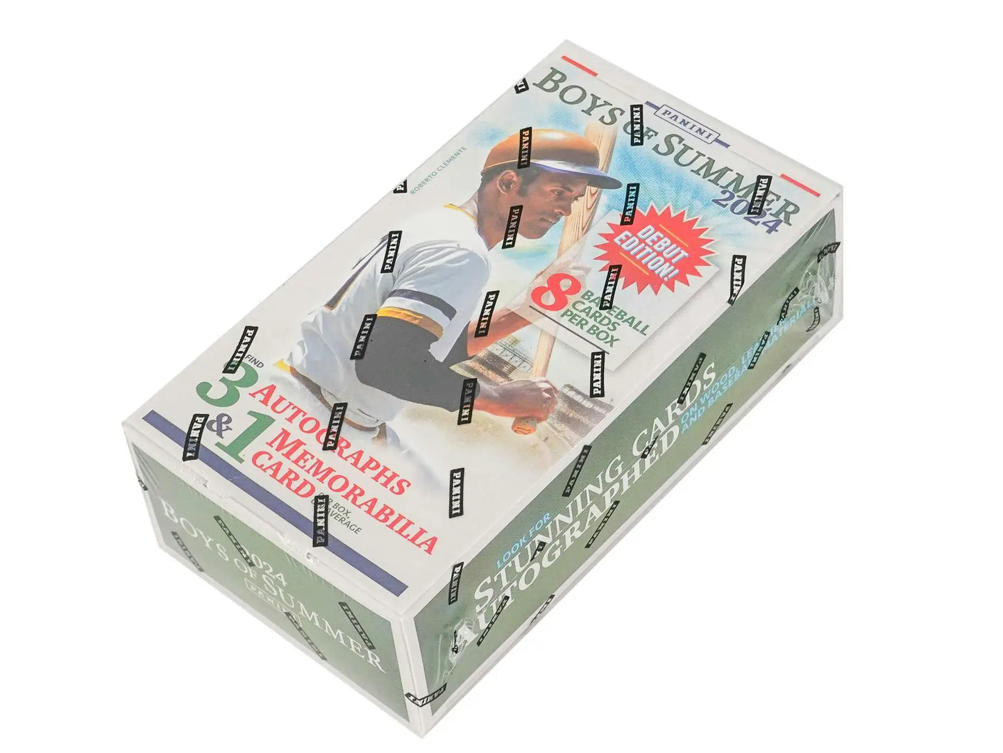Box of baseball cards from 2024 Panini Boys of Summer Baseball Hobby Box featuring jumbo prospect materials