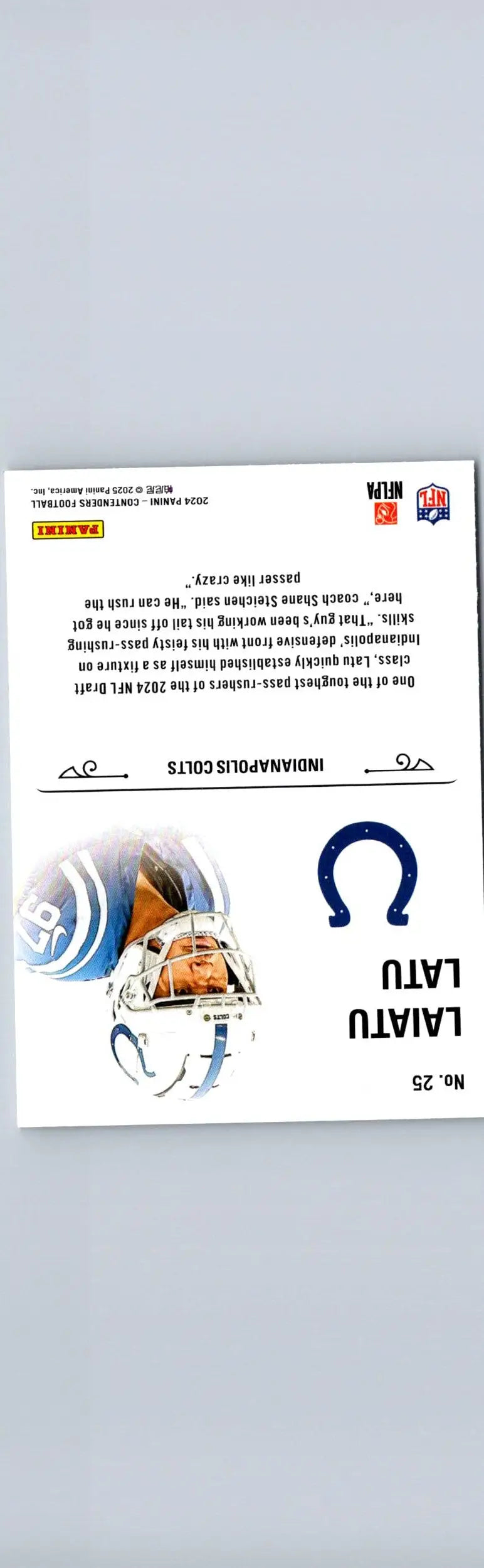 Laiatu Latu rookie football card from 2024 Panini Contenders Latu Rookie Stallions series