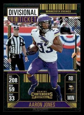 Football trading card featuring Aaron Jones Divisional Ticket from 2024 Panini Contenders