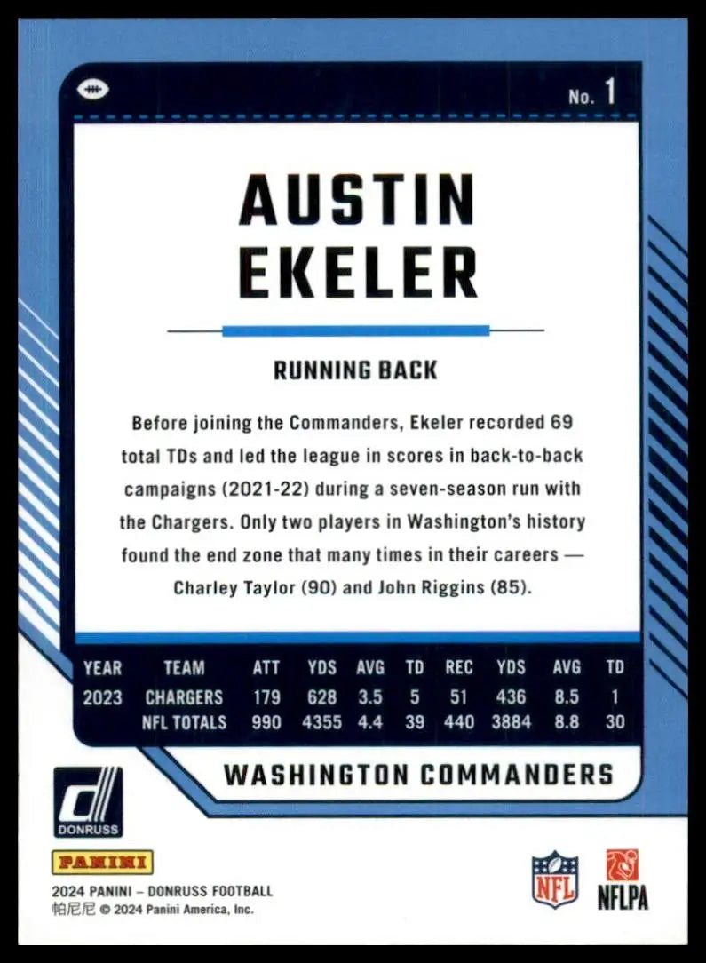 2024 Panini Donruss Austin Ekeler #1 Washington Commanders Football Card NFL - Football Card