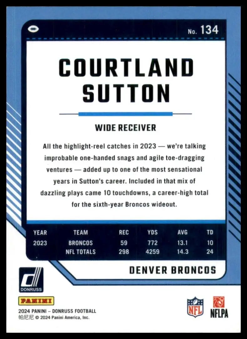 Football card of Courtland Sutton Denver Broncos wide receiver with 2023 and career stats
