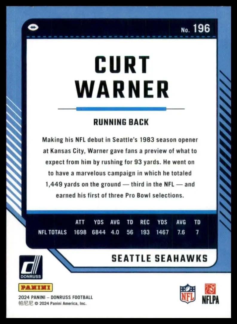 Football card featuring Curt Warner, running back for the Seattle Seahawks, 2024 Panini Donruss