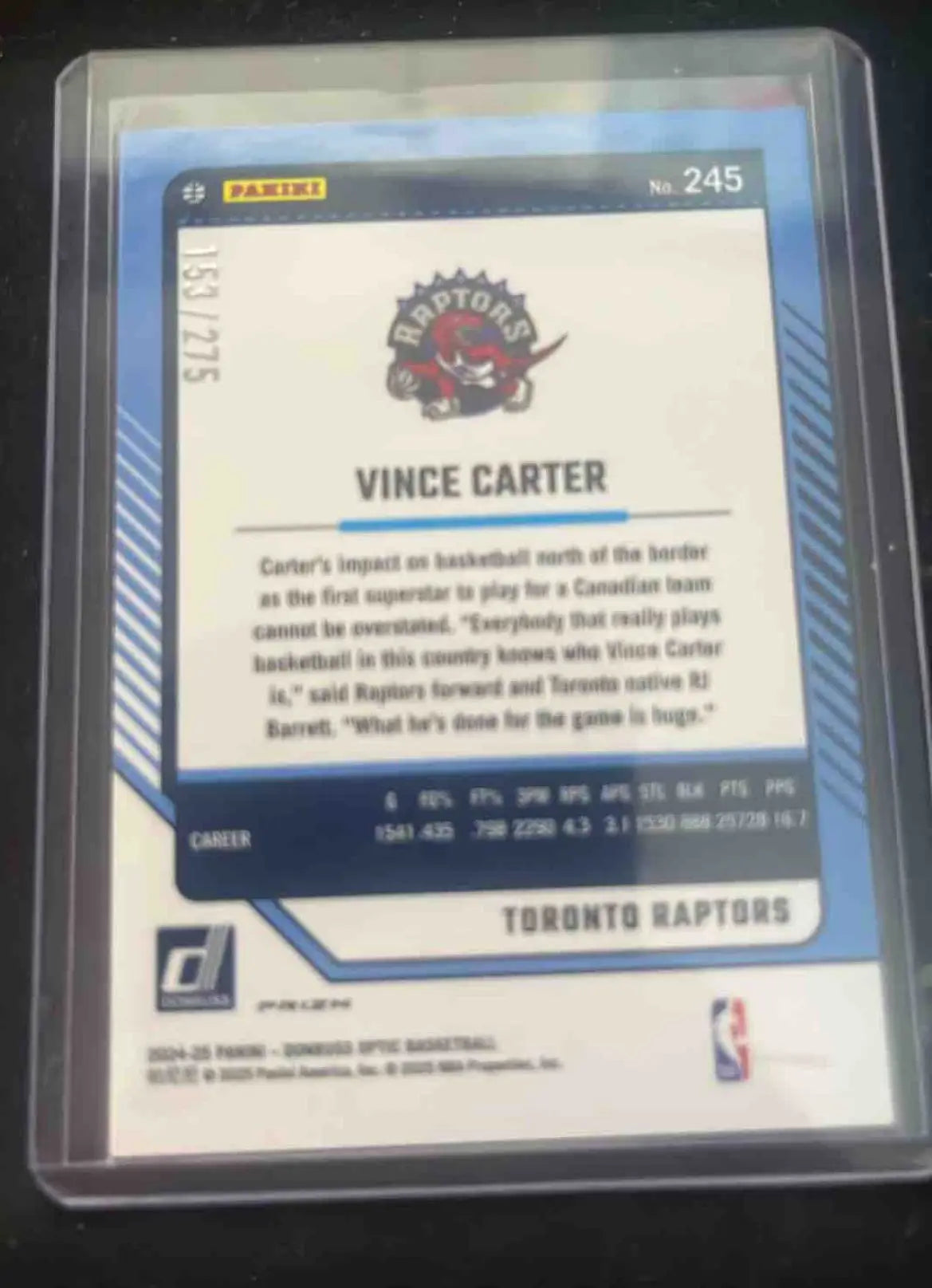 Vince Carter Toronto Raptors trading card from Panini Donruss Optic Donruss Optic Vince series