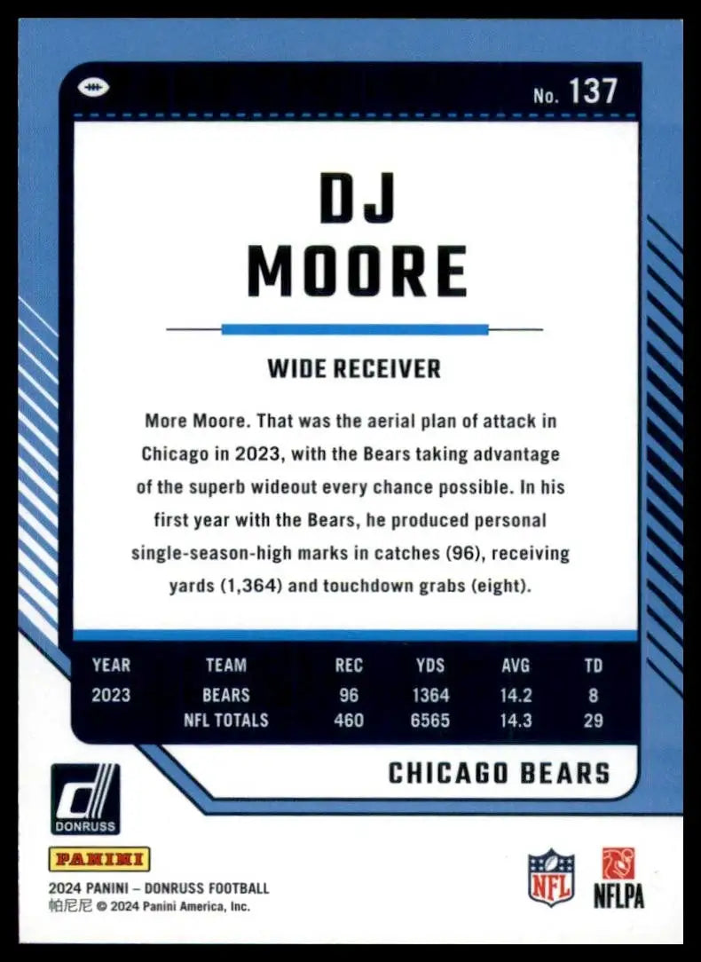 Back of 2024 Panini Donruss Press Proof Green DJ Moore football card #137 Chicago Bears