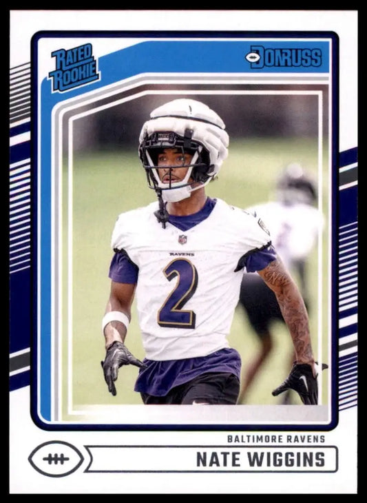 Football card featuring Nate Wiggins in Baltimore Ravens uniform from 2024 Panini Donruss