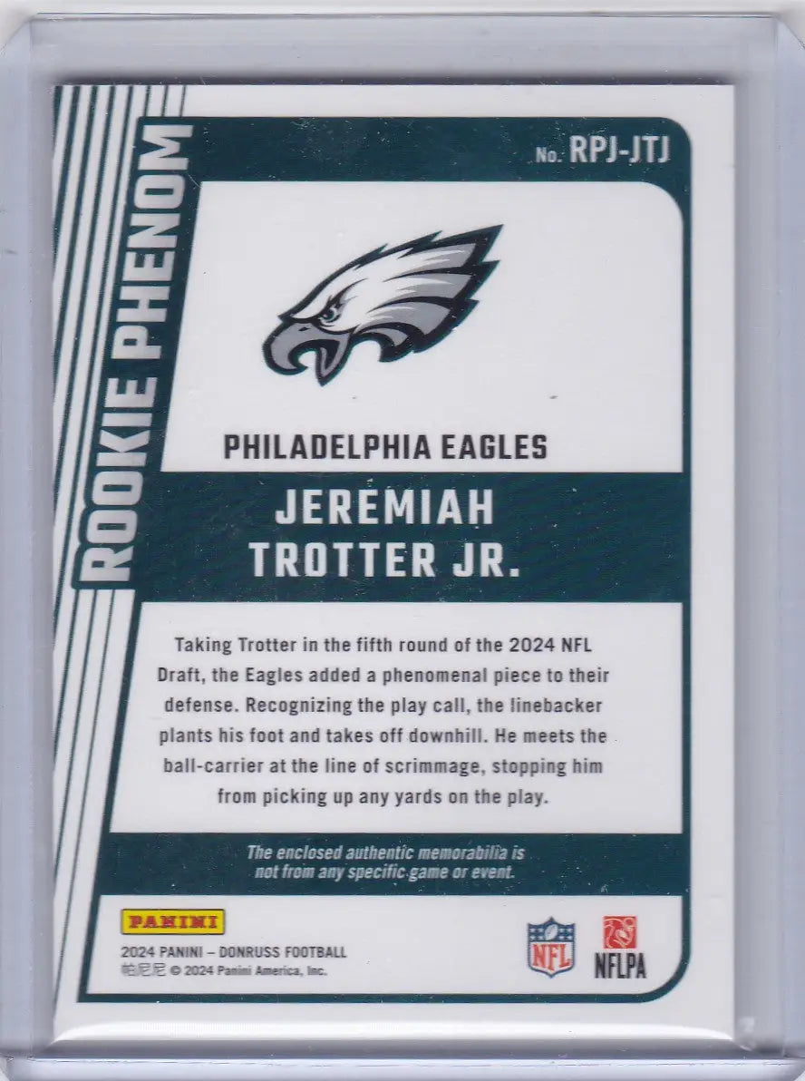 Back of Panini Donruss Rookie Patch Jeremiah Trotter Jr Philadelphia Eagles football card