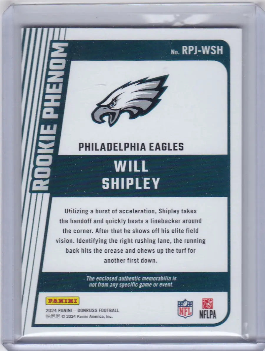 Philadelphia Eagles Will Shipley football trading card from 2024 Panini Donruss Rookie Phenom series