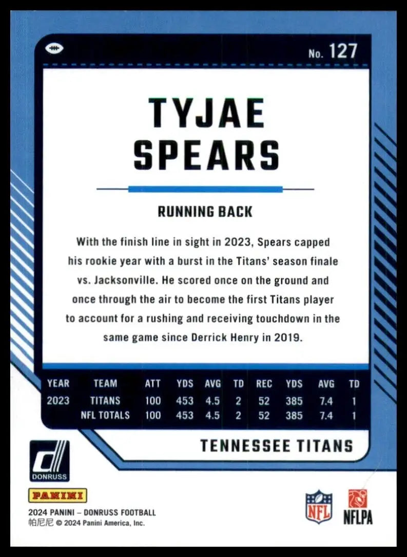 2024 Panini Donruss Tyjae Spears #127 Tennessee Titans Football Card NFL Sports - Football Card