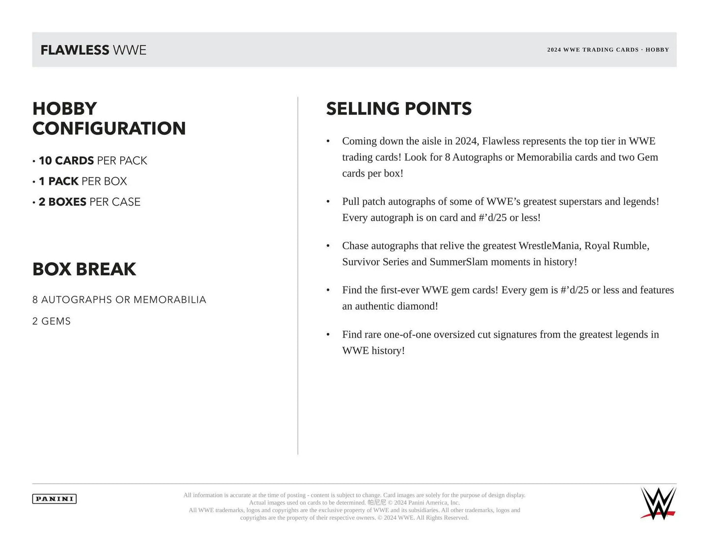 WWE trading card product info for 2024 Panini Flawless WWE Wrestling Hobby Box with eight autographs and two gems