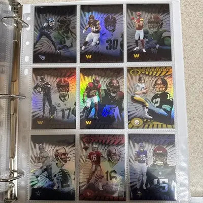 Binder page with nine Panini Illusions trading cards from the 2024 base set featuring football players