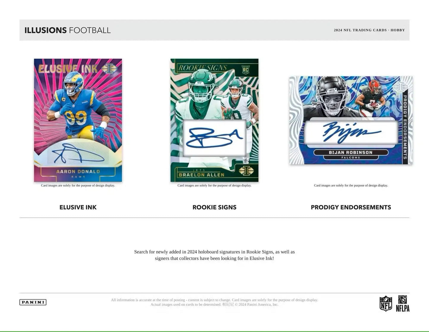 Football trading cards from 2024 Panini Illusions Football Hobby featuring illusions football and patch autographs