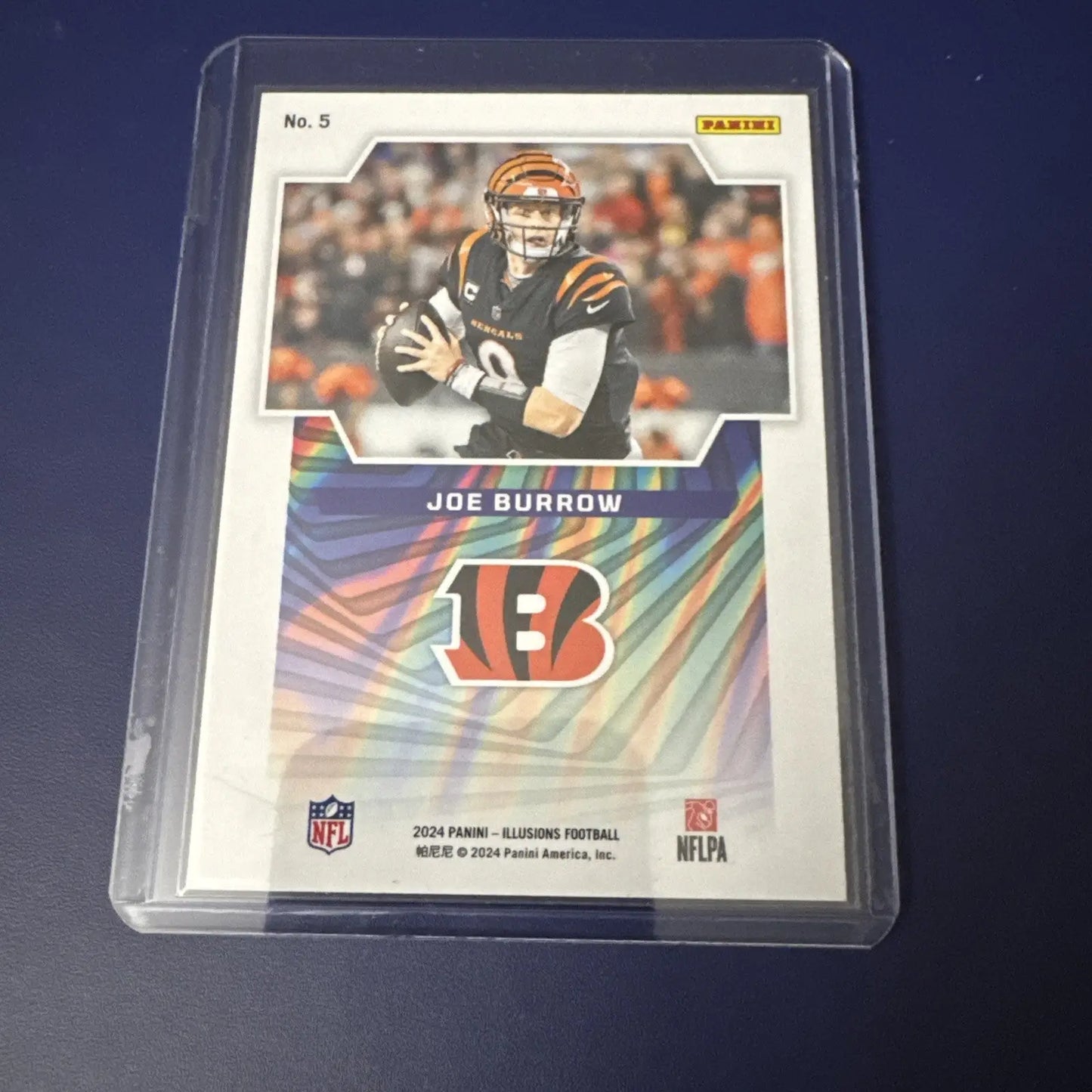 Panini Illusions Joe Burrow football trading card in protective sleeve for 2024 Bengals