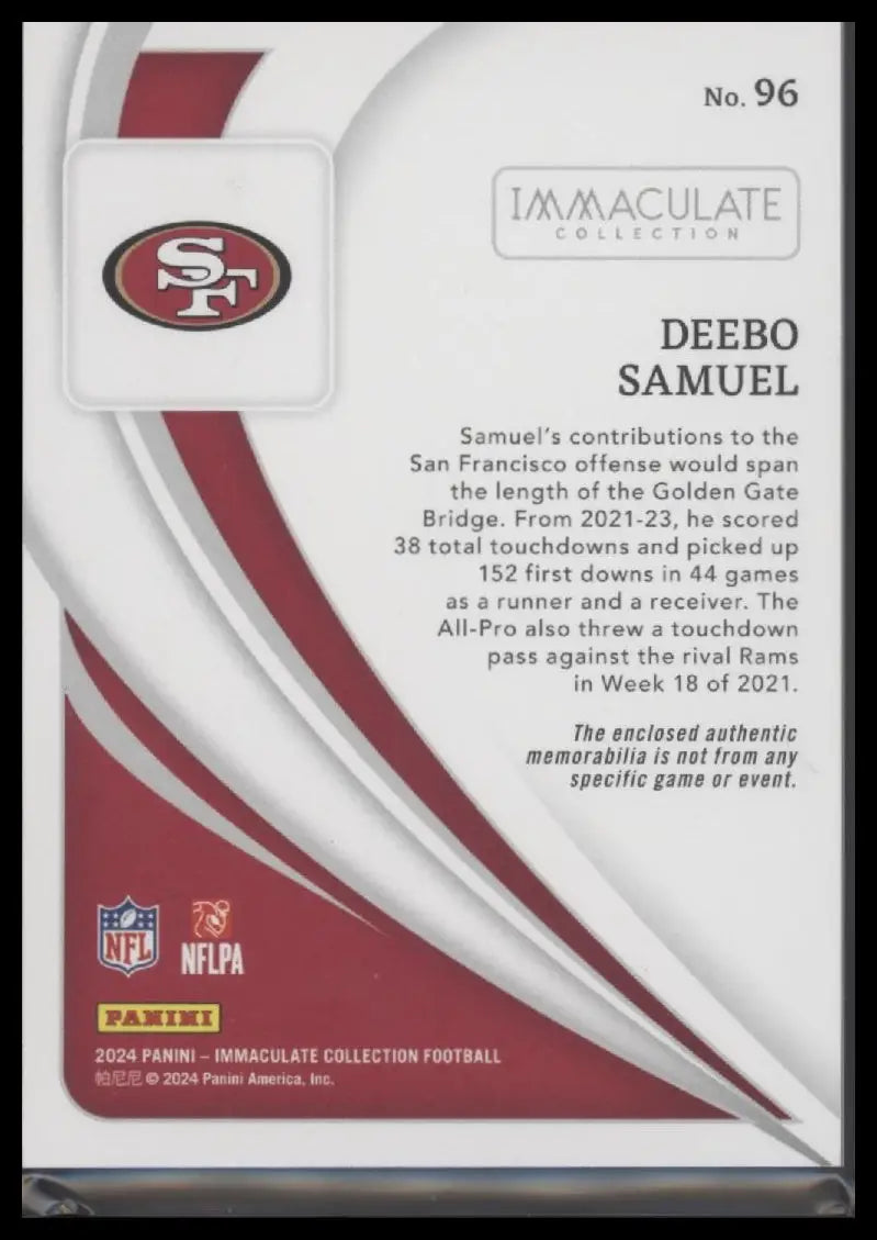 Back of a Deebo Samuel football trading card from Panini Immaculate Collection 2024