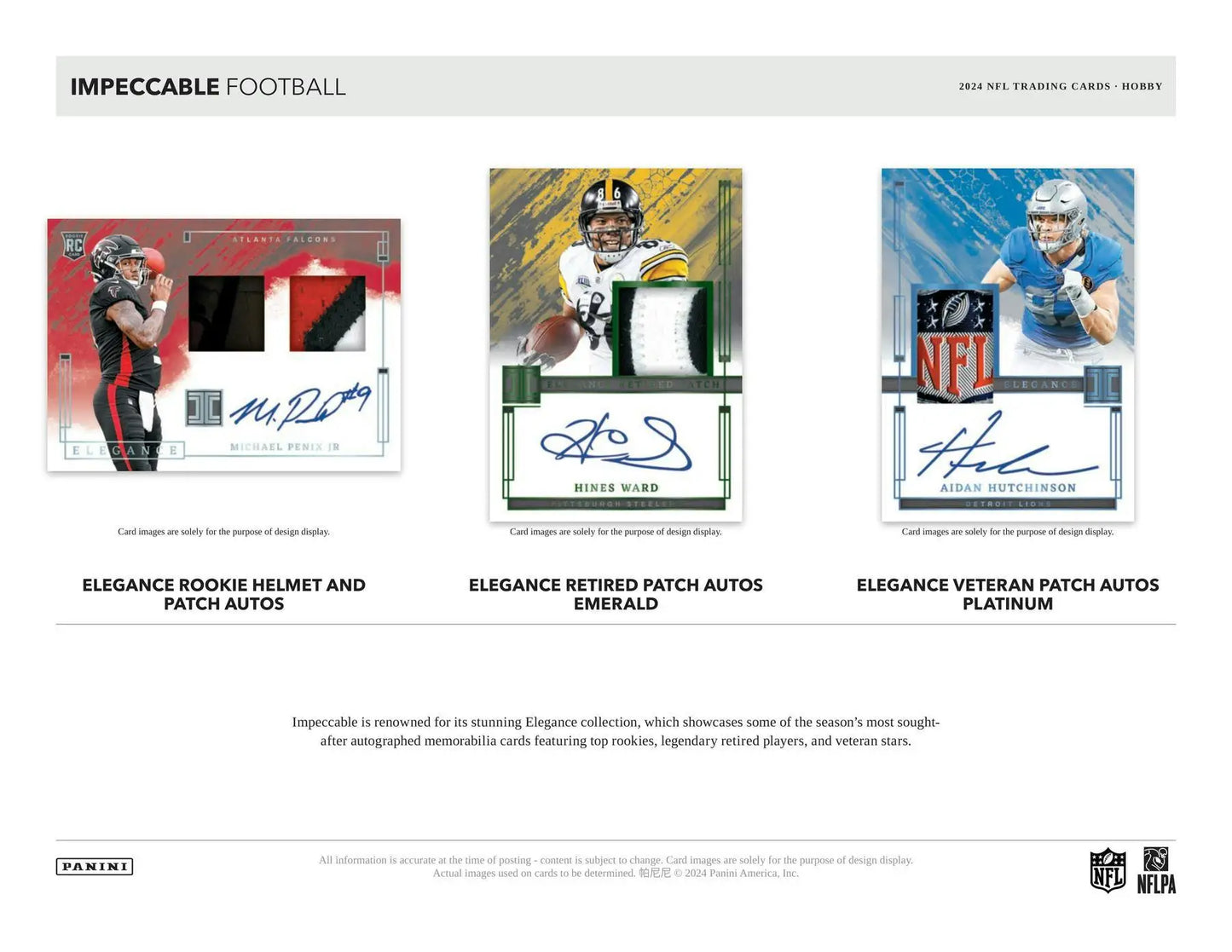 Football trading cards from 2024 Panini Impeccable Football Hobby Box with six autographs and three base parallels