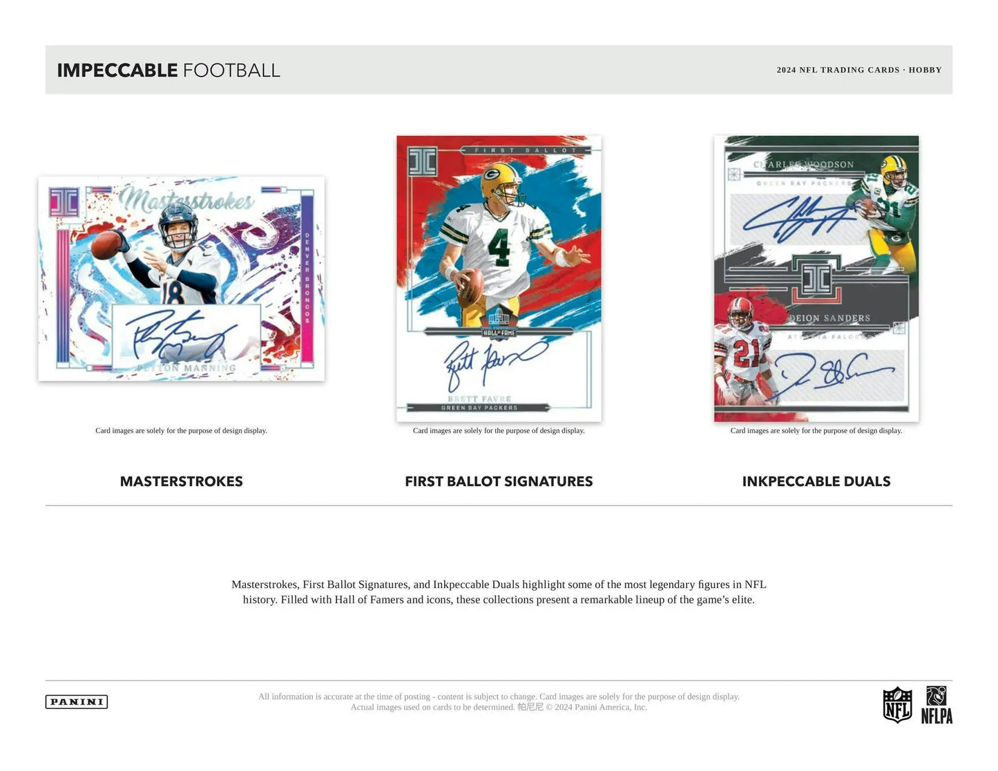 Football trading cards featuring six autographs and three base parallels in 2024 Panini Impeccable Football Hobby Box