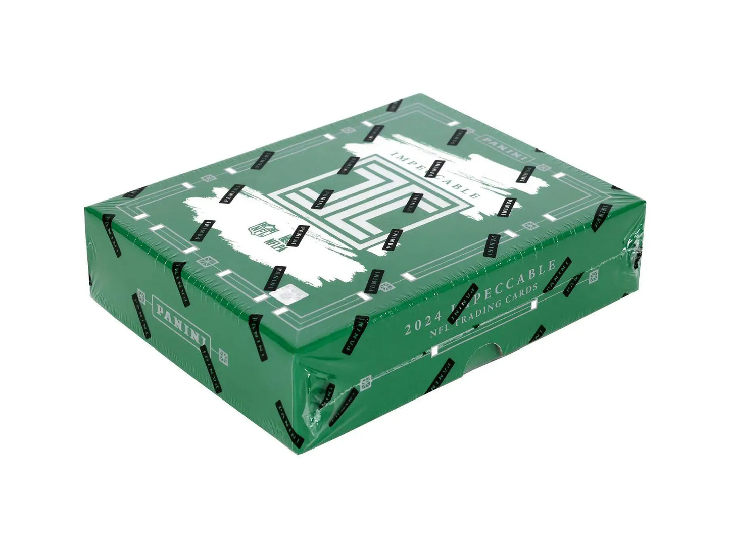 Sealed green trading card box from 2024 Panini Impeccable Football with six autographs