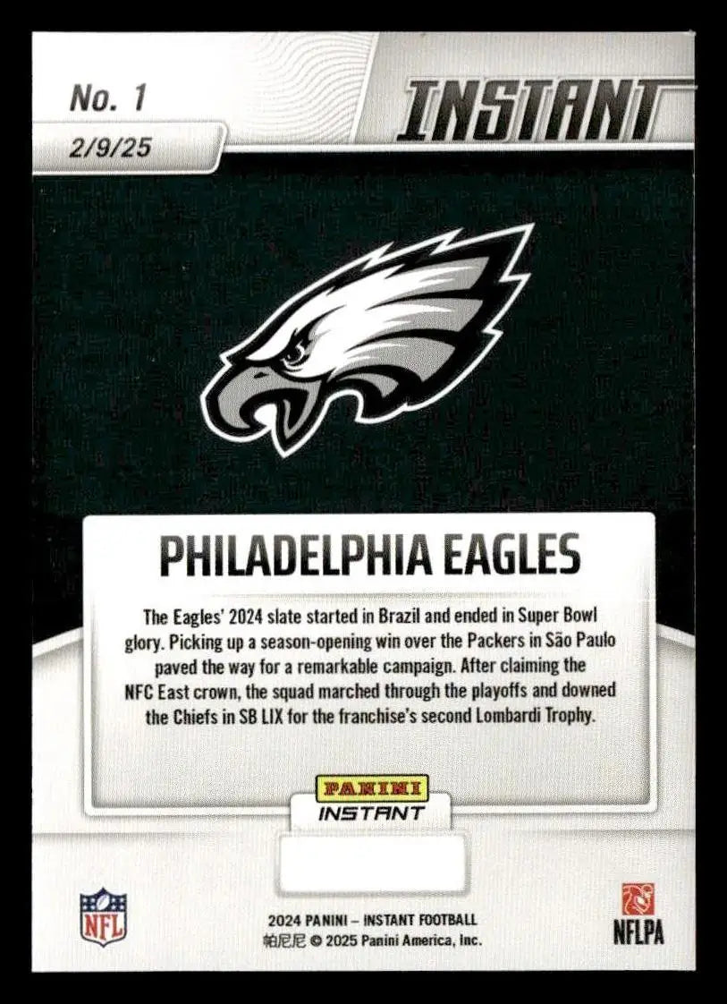 Philadelphia Eagles Super Bowl LIX champions football card from 2024 Panini Instant set