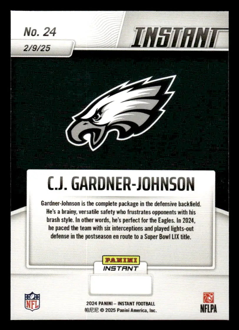 Football card of C J Gardner-Johnson from 2024 Panini Instant Eagles Super Bowl LIX Champions