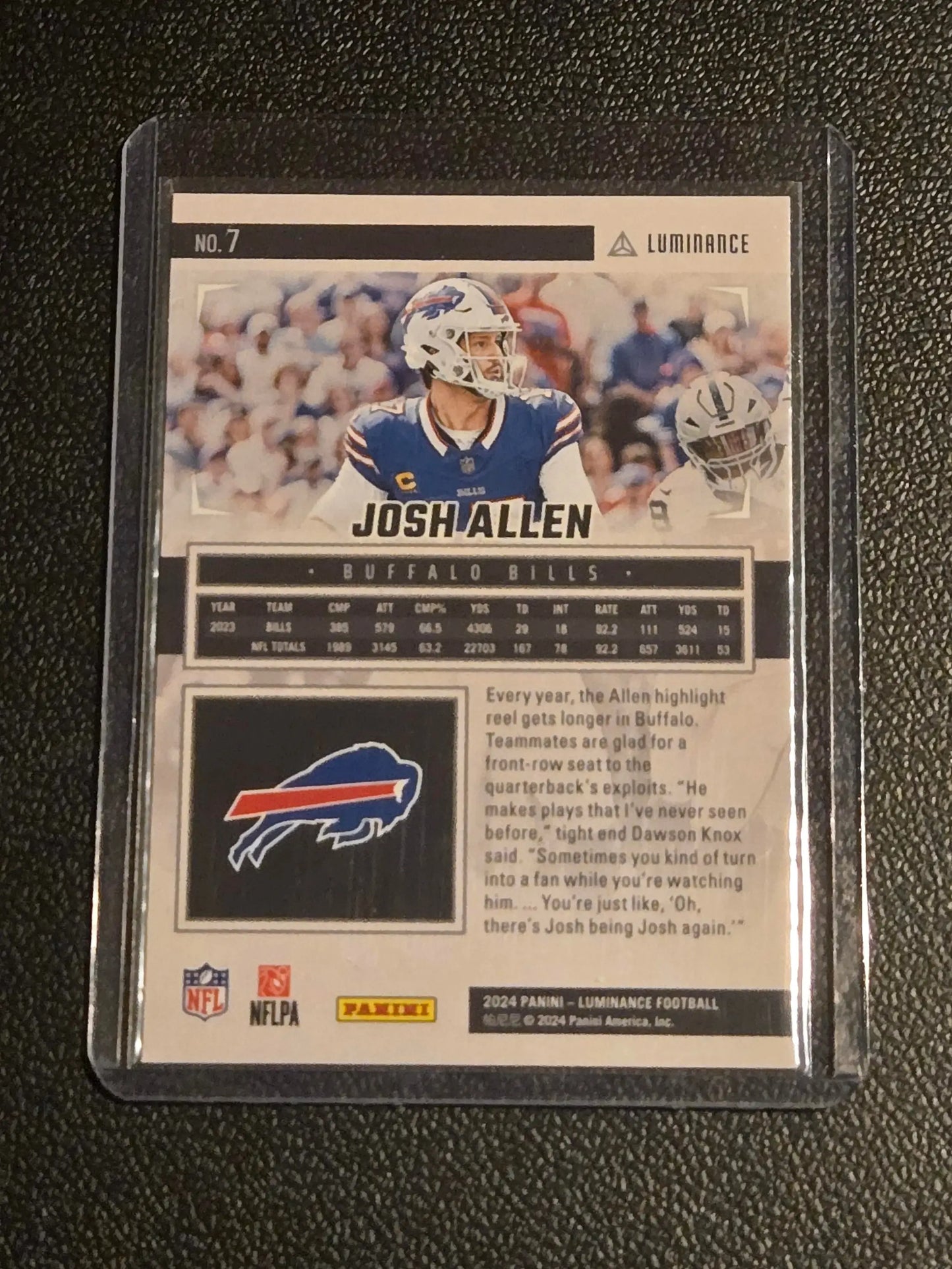 Josh Allen Buffalo Bills football card in protective sleeve from 2024 Panini Luminance