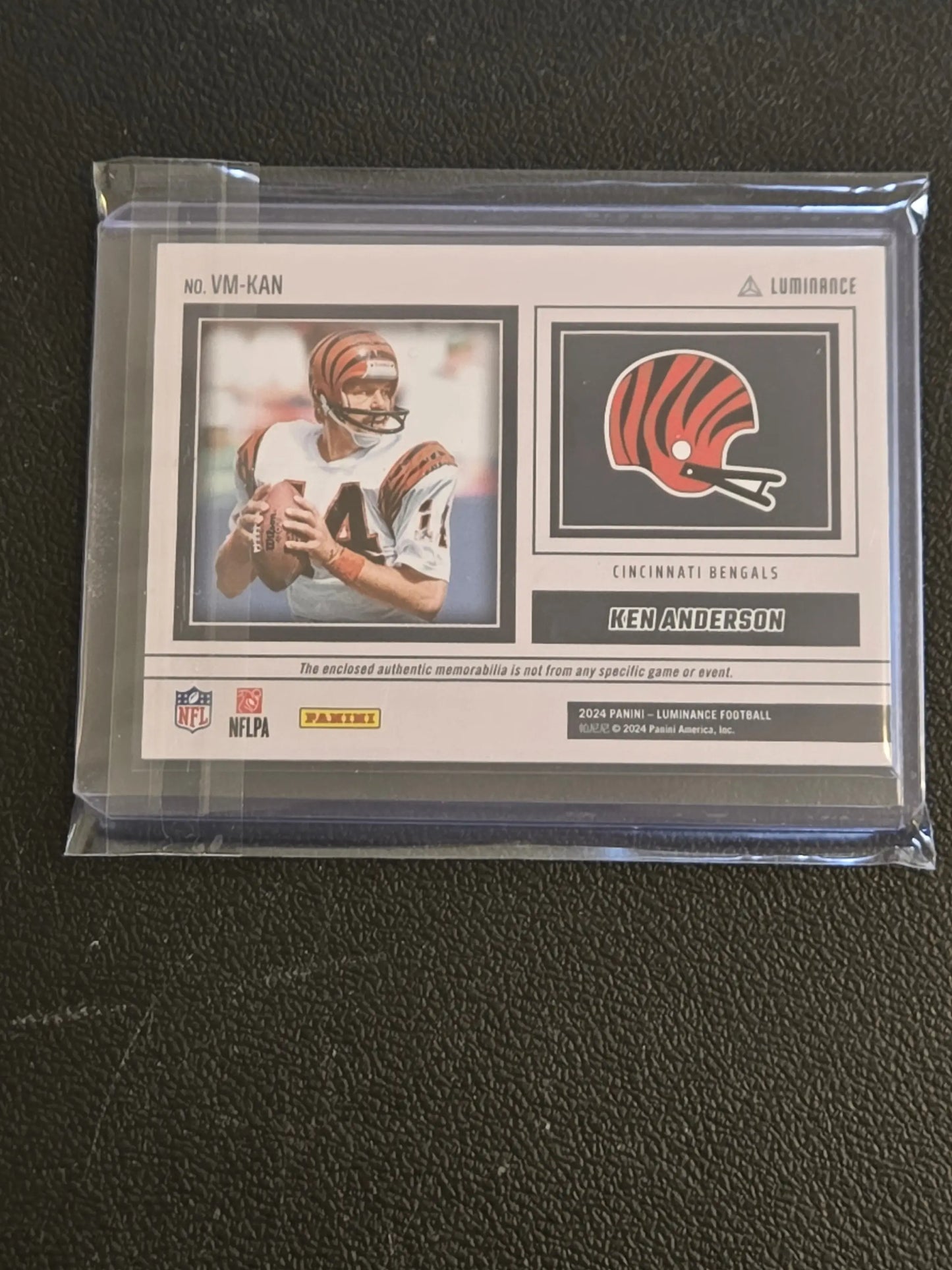 Football trading card featuring Ken Anderson of the Cincinnati Bengals from 2024 Panini Luminance Ken Anderson Vintage Materials Gold