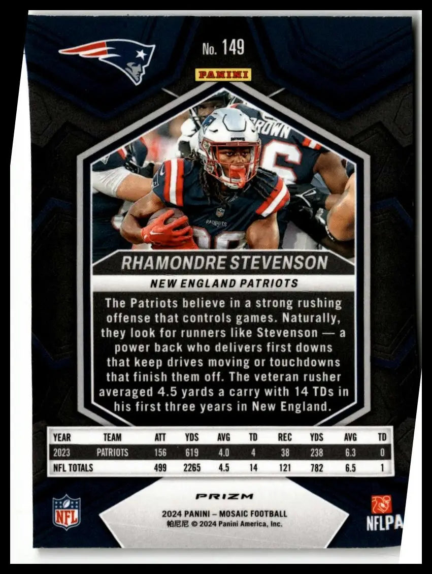 Back of 2024 Panini Mosaic Rhamondre Stevenson Mosaic Reactive Yellow trading card