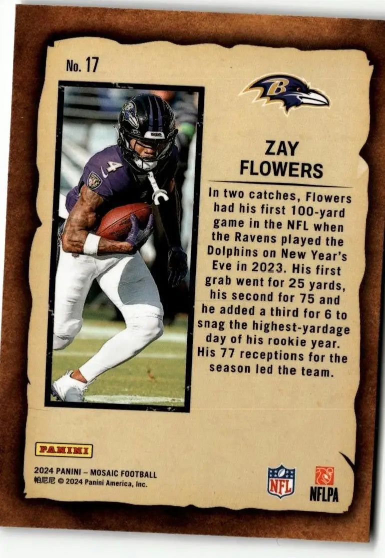 Zay Flowers football card from 2024 Panini Mosaic Notoriety Mosaic series